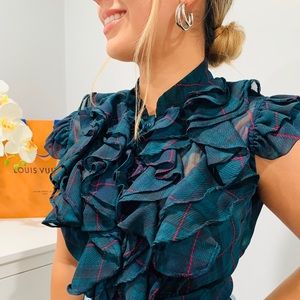 Forever 21 Ruffle Plaid Shirt Green Red Black Larg